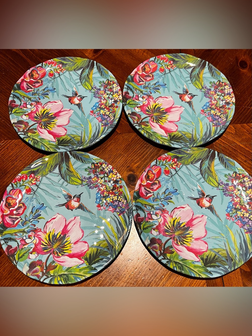 Pier 1 Exclusive Melamine Tropical Hummingbird Floral Plates 8.5 Inch Set of 4